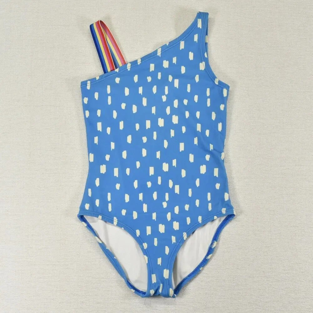 Hanna Andersson Girls Size 8 One Piece Swimsuit Blue Dot Rainbow Stripe Strap
